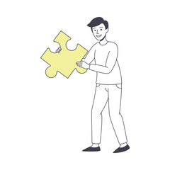 Smiling Man Holding Yellow Jigsaw Puzzle as Mosaiced Piece for Logical Game Vector Illustration