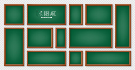 Realistic various chalkboards in a wooden frame. Green restaurant menu board. School blackboard, writing surface for text or drawing. Blank advertising or presentation boards. Vector illustration