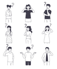 Question with Thoughtful Man and Woman Scratching Head over Riddle Vector Set