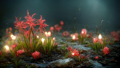 Fototapeta premium red Lycoris. glowing crystalized red Lycoris. concept art. fantasy. fantasy scenery