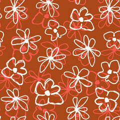 Hand drawn bloomy seamless repeat pattern. Random placed, vector flowers grungy all over surface print on orange background.