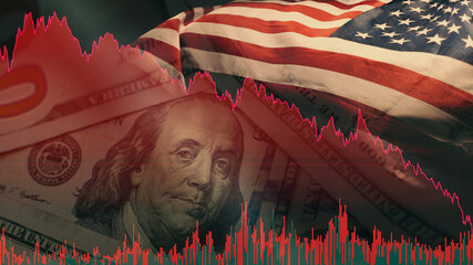 Stock market trading graph in red color economy. usa flag dollar bill background. Trading trends and economic development. Effect of recession on US economy. Stock crash market exchange loss trading - obrazy, fototapety, plakaty
