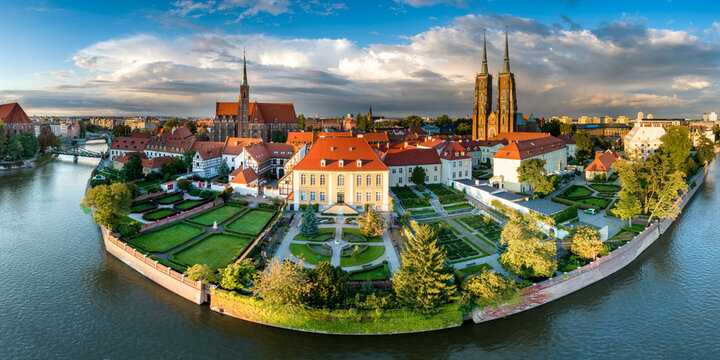 Wroclaw aerial drone panoramic shot of the old town.