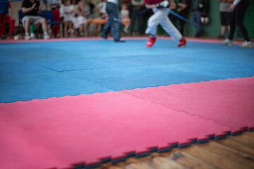 Blue pink coating tatami in the martial arts hall with blurry athletes in the background....