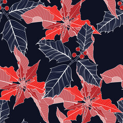 Christmas seamless pattern in red and blue with holly leaves, berries and poinsettia for greeting cards, wrapping papers.