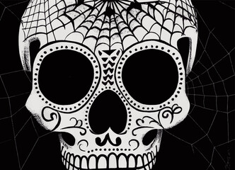 A landscape closeup illustration of a skull and spiderwebs  for "dia de los muertos", "Day of the dead".