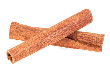 Aromatic dry cinnamon sticks isolated on a white background. Two cinnamon sticks, front view.