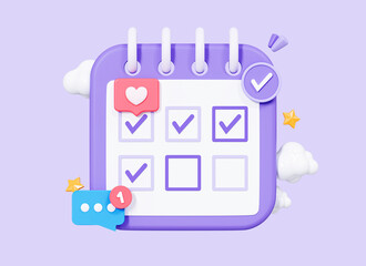 3D Calendar with daily check mark. Meeting reminder planner. Social media marketing time concept. Planner work organiser. Cartoon creative design icon isolated on purple background. 3D Rendering