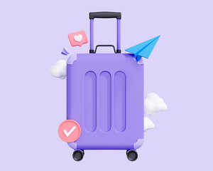 3D Time to travel concept. Suitcase with luggage. Summer vacation for social media. Booking business flight. Paper airplane. Cartoon creative design icon isolated on purple background. 3D Rendering