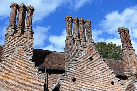 Tudor chimneys at Chenies Manor House, Buckinghamshire, England, UK