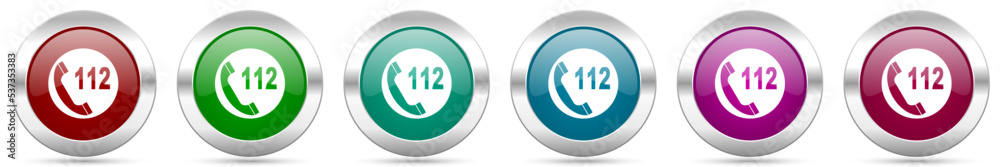 Fototapete emergency number 112 call silver metallic vector icon set, round glossy buttons with chrome border f