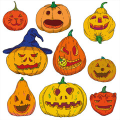 halloween, pumpkin, orange, october, horror, collection, illustration