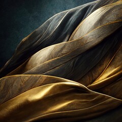 Black and golden streaming fabric. Flowing silky textured  cloth. Luxury background. Ai rendering.