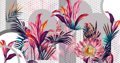 Pink tropics on the background of ornaments, art drawing in pastel style on a white background, photo wallpaper