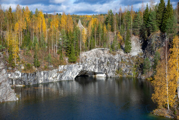 View of Marble Canyon in golden autumn. Ruskeala, Karelia