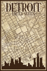 Brown vintage hand-drawn printout streets network map of the downtown DETROIT, UNITED STATES OF AMERICA with brown 3D city skyline and lettering