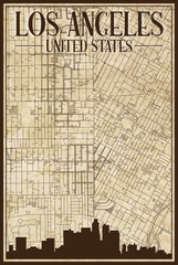 Brown vintage hand-drawn printout streets network map of the downtown LOS ANGELES, UNITED STATES OF AMERICA with brown 3D city skyline and lettering