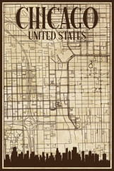 Brown vintage hand-drawn printout streets network map of the downtown CHICAGO, UNITED STATES OF AMERICA with brown 3D city skyline and lettering