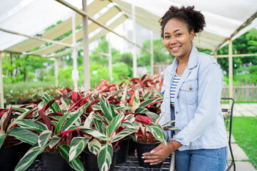 Happy African peasant woman. Agribusiness. Online marketing. american farmer online agriculture. ฺBeautiful african american girl in nursery indoor landscaping in the greenhouse.