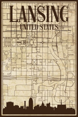 Brown vintage hand-drawn printout streets network map of the downtown LANSING, UNITED STATES OF AMERICA with brown 3D city skyline and lettering