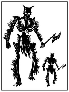 Silhouette of a dark character, zombie with sharp branches and horns in full growth without a background. Skeleton in rags with protruding ribs and an ax in his hand, 2d vector illustration.