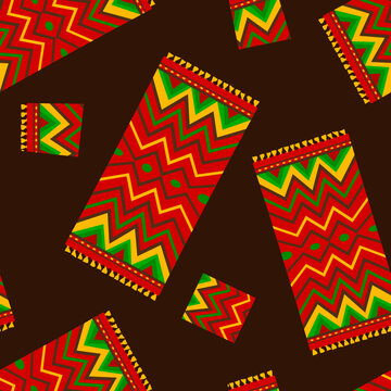 Happy Kwanza. Seamless Vector Pattern With Traditional Kwanzaa Symbols. Printing On Textiles, Wallpaper, Covers, Surfaces. Retro Styling. For Fashionable Fabric. Tribal Pattern