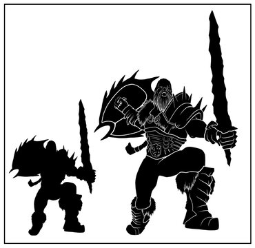 Isolated silhouette of a brutal viking in armor with a shield and a large sword in his hand. Dark fantasy warrior with a beard in big boots, in full-growth without background, 2d vector illustration.