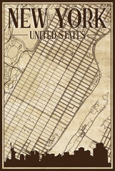 Brown vintage hand-drawn printout streets network map of the downtown NEW YORK CITY, UNITED STATES OF AMERICA with brown 3D city skyline and lettering