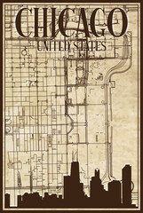 Brown vintage hand-drawn printout streets network map of the downtown CHICAGO, UNITED STATES OF AMERICA with brown 3D city skyline and lettering