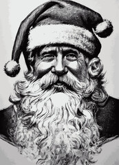 A Black and white drawing sketch of Santa Claus smiling