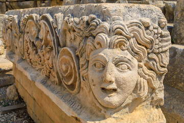 Ancient sculptures in the ruins of the acropolis in Demre in Turkey in the province of Antalya, the ancient city of Myra