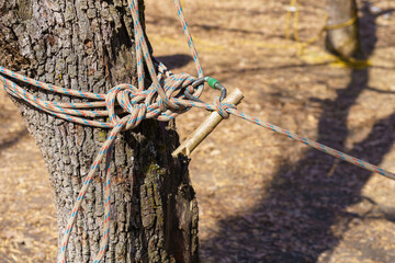 Tourist knot on a rope. Background with copy space