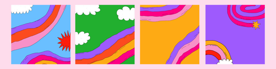 set of abstract backgrounds-psychedelic 1970 good vibes.Square 00s templates for social media.Text box funky 70s with cloud, stars, rainbow.Hippie  y2k frames.groovy wallpaper postcard with shapes
