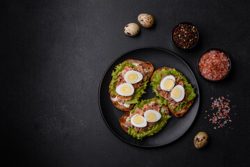 Delicious fresh sandwiches with toast, canned salmon, salad and quail eggs