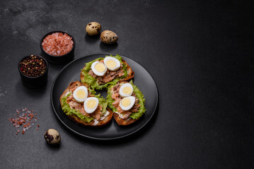 Delicious fresh sandwiches with toast, canned salmon, salad and quail eggs