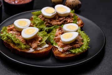 Delicious fresh sandwiches with toast, canned salmon, salad and quail eggs