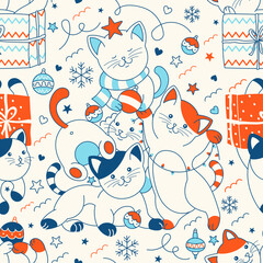 Fun Christmas seamless pattern with cute hand drawn colorful cats. Merry catmas vector illustration, surface design, wrapping paper art.