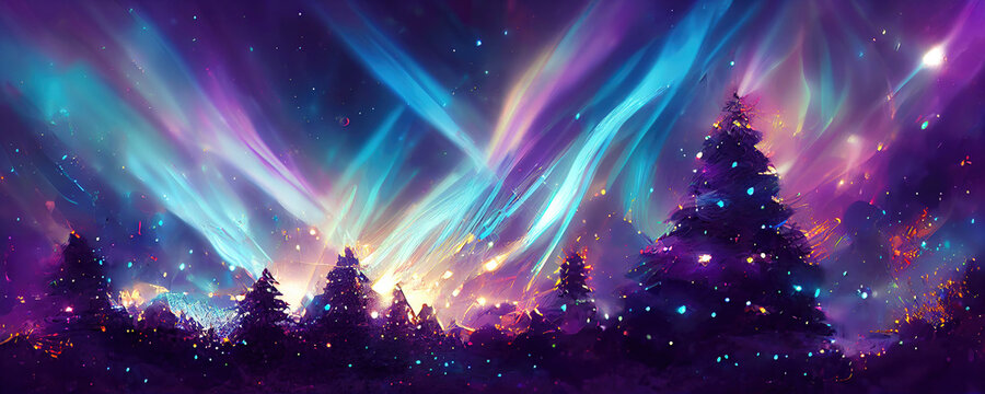 Christmas tree decoration in winter forest with northern lights