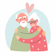 An elderly couple, grandfather and grandmother hug each other with love.