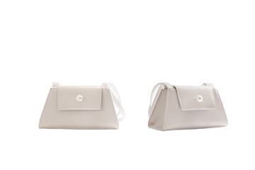 Beautiful white leather female fashion bag  with transparent background, front view