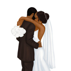 African American bride and groom hugging. Watercolor hand drawn african american couple in wedding dress, suit and with wedding bouquet.