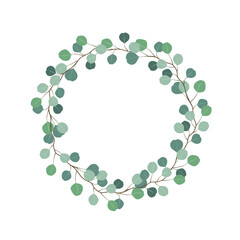 Vector pastel green decorative round floral frame for greeting card or invitation - eucalyptus branches wreath illustration on white background