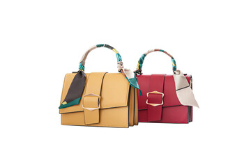 Beautiful gold, red leather female fashion bags with transparent background, perspective view