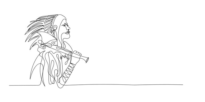 continuous line of indian tribes. one line drawing of Native Americans in traditional clothes