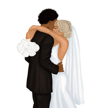 African american groom hugging with bride. Watercolor hand painted  groom in tuxedo costume and pretty blond hair bride with a wedding bouquet. Design for wedding designs, cards, invitations.