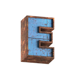 e letter 3d aged rusted iron character blue painted metal steel isolated on white background