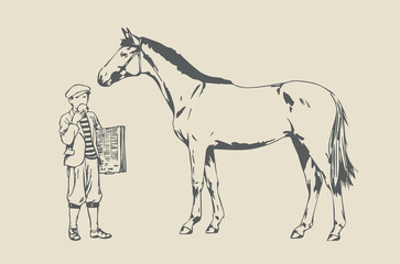 Vector image - boy eats an apple and a horse