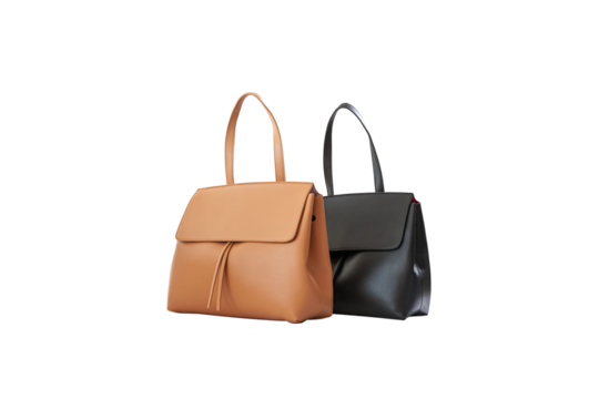 Beautiful brown, black leather female fashion bag with transparent background, perspective view