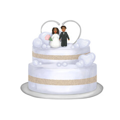 Wedding cake with figures of the african american bride and groom. Hand painted watercolor wedding 
two tiered cake with golden decorations, hearts and african american couple. Transparent background