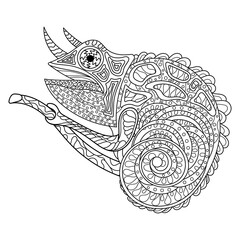 Chameleon coloring page for adult. Stylized cartoon reptile sitting on branch. Hand drawn vector illustration.